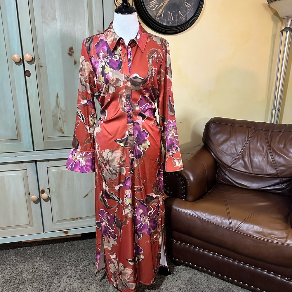 Donna Karan Floral Satin Midi Dress